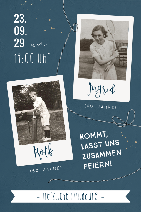 Einladung zum 60. Doppelgeburtstag, blau mit Fotos