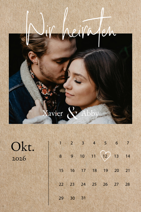 Hochzeitskarte mit Kalenderblatt und runden Ecken
