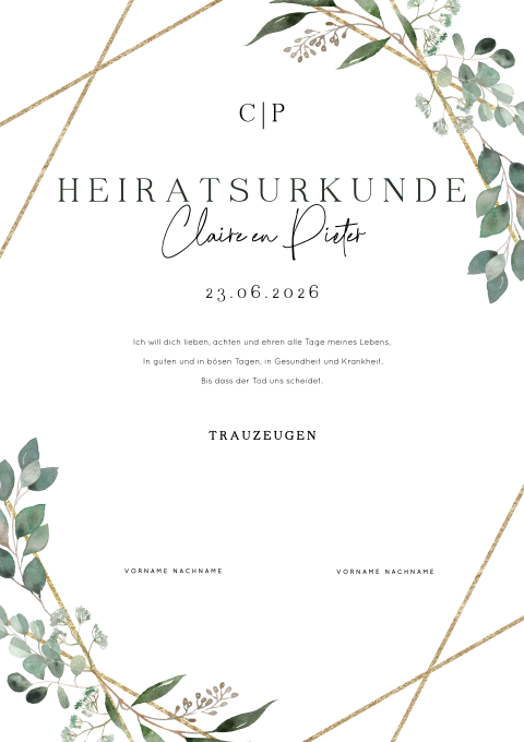 Botanische Heiratsurkunde mit geometrischem goldenen Rahmen