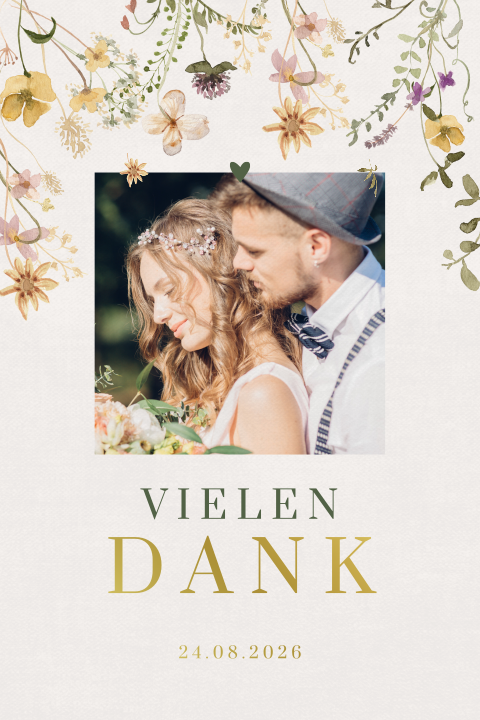 Danksagungskarte im Naturton mit Foto, Goldfolie und Blümchen