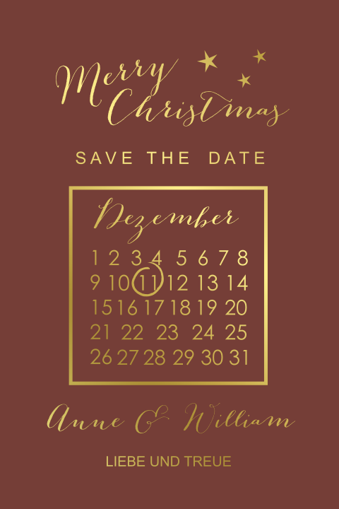 Save the Date - Weihnachtskarte in Rotbraun mit schicker Goldfolie