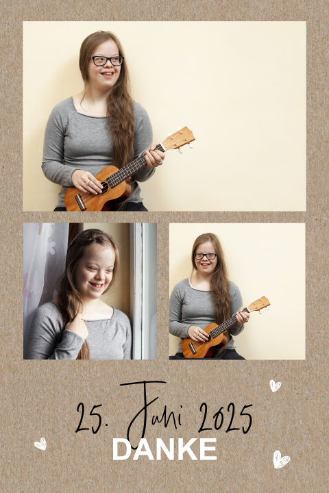 Kraft-Look Dankeskarte Jugendweihe mit Fotos und Herzen