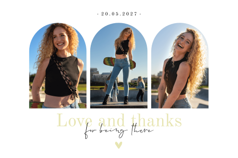 Dankeskarte Firmung mit Fotos in Bogenform und Aquarell Blättern