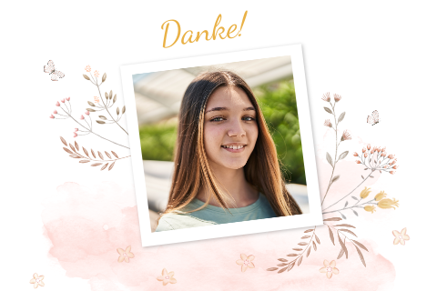 Dankeskarte Jugendweihe mit Foto, gemalten Blumen und Schmetterlingen