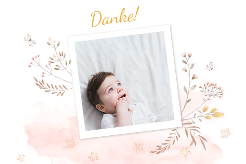 Dankeskarte Taufe mit Foto, gemalten Blumen und Schmetterlingen