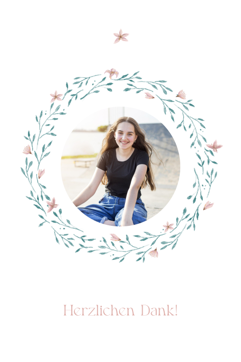 Dankeskarte zur Jugendweihe mit Aquarellblumen und Foto