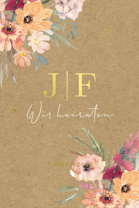 Folienhochzeitskarte mit Blumen und Herzen in Kraftpapier-Look