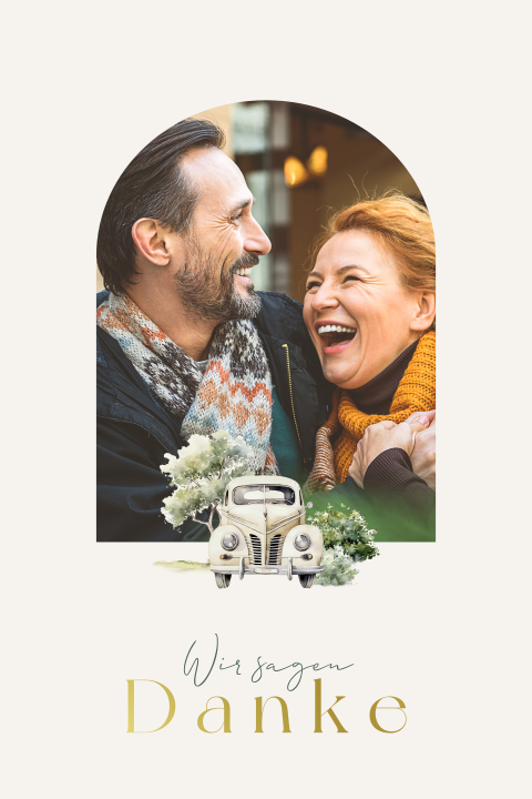 Dankeskarte zur Hochzeit mit eigenem Foto und klassischem Auto