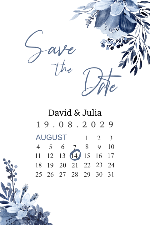 Save-the-date Karte mit romantischen blauen Blumen