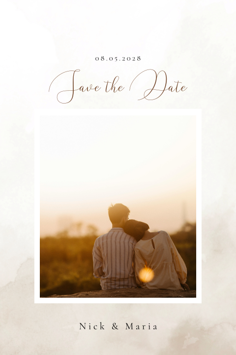 Save-the-Date Karte mit neutralen Farben und Schnörkelschrift