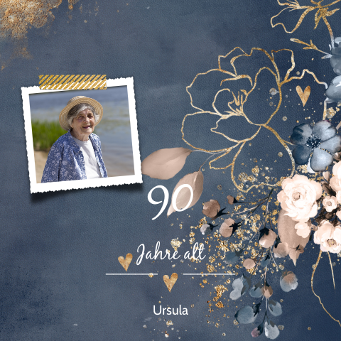 Einladung zum 90sten Geburtstag mit Blumen und Foto Doppelkarte