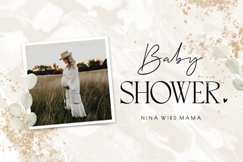 Stilvolle Einladung zur Babyshower mit Bild und Eukalyptus
