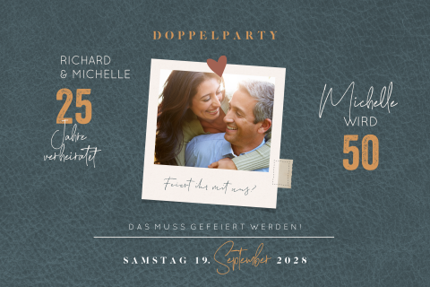 Doppelparty-Einladung 25 und 50 in dunkelblauem Lederlook