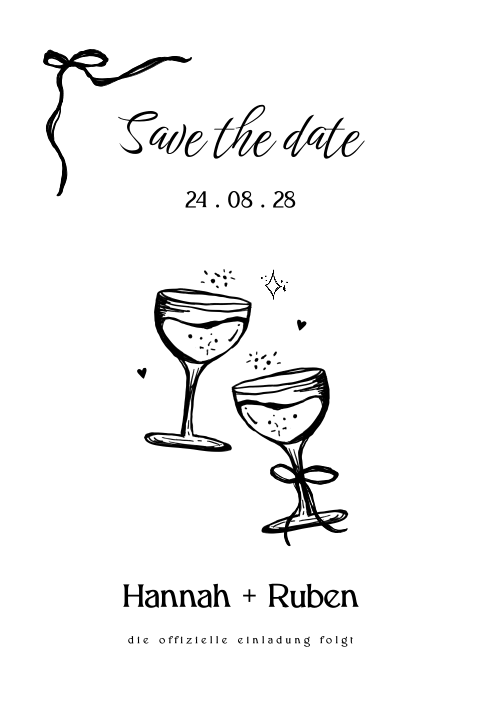 Handgezeichnete Save the Date Karte mit Schleifchen und Sektgläsern