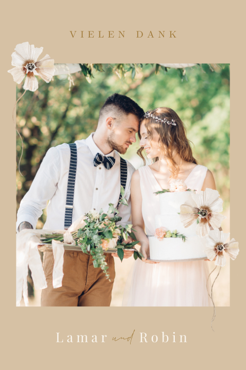 Beige Dankeskarte zur Hochzeit mit Foto, Veilchen und runden Ecken
