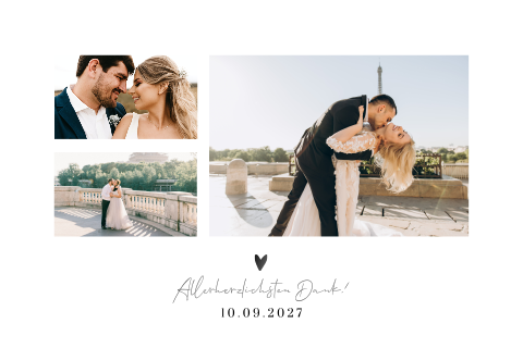 Dankeskarte Hochzeit mit 3 Fotos und modernem Schwarz-Weiß Look