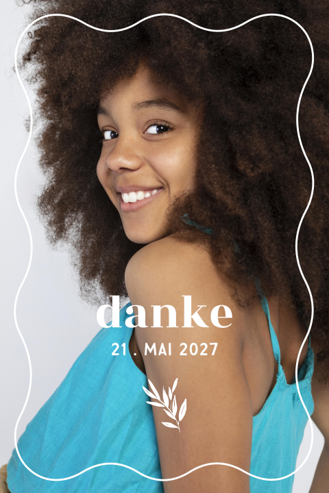 Dankeskarte Jugendweihe mit Foto auf der Vorderseite und Zweig