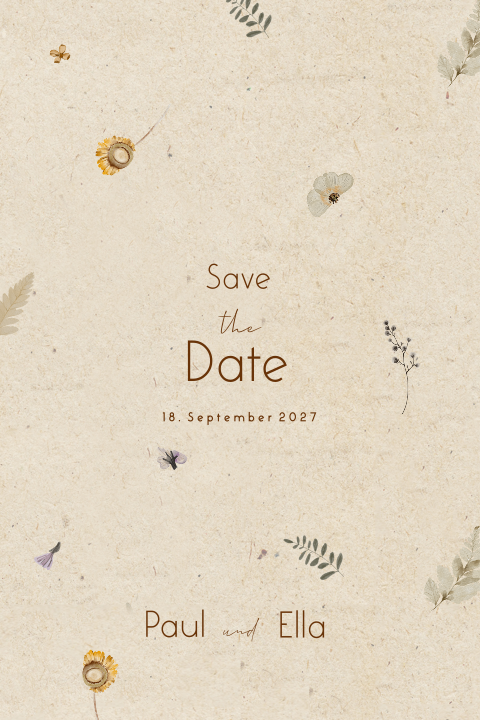 Save-the-date-Karte mit nachhaltigen Look mit zarten Trockenblumen