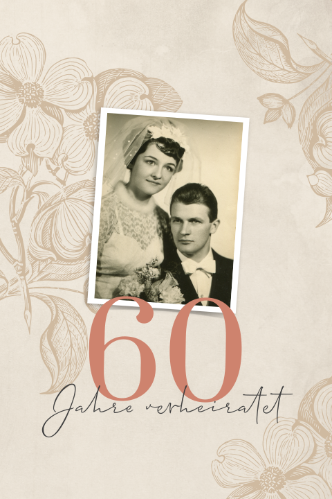 Vintage Diamanthochzeitseinladung mit altem Hochzeitsfoto und Blumen