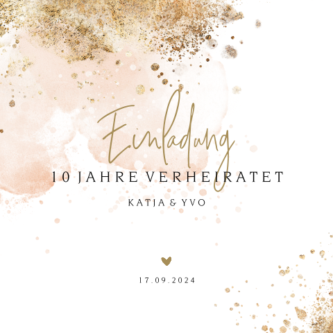 Einladung zur Rosenhochzeit mit rosa Aquarellfarbe und Goldspritzer