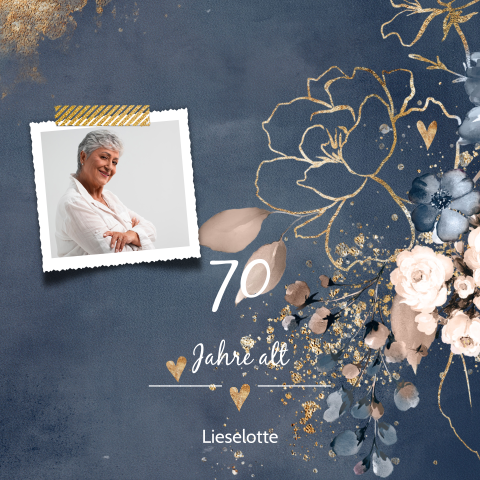 Einladung zum 70sten Geburtstag mit Blumen und Foto, Doppelkarte