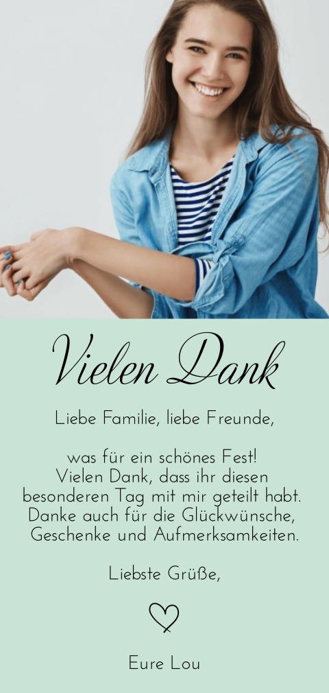 Dankeskarte Pastelgrün zur Jugendweihe mit Herz und Foto in Hochglanz