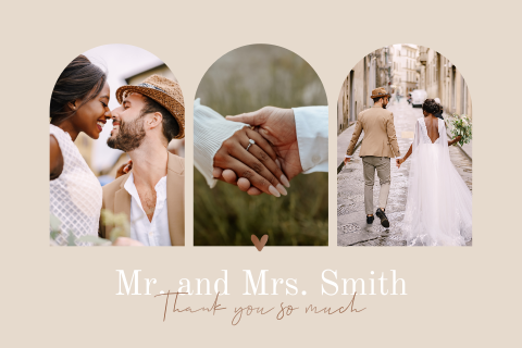 Dankeskarte Hochzeit mit 3 gebogenen Fotos in Hochglanz
