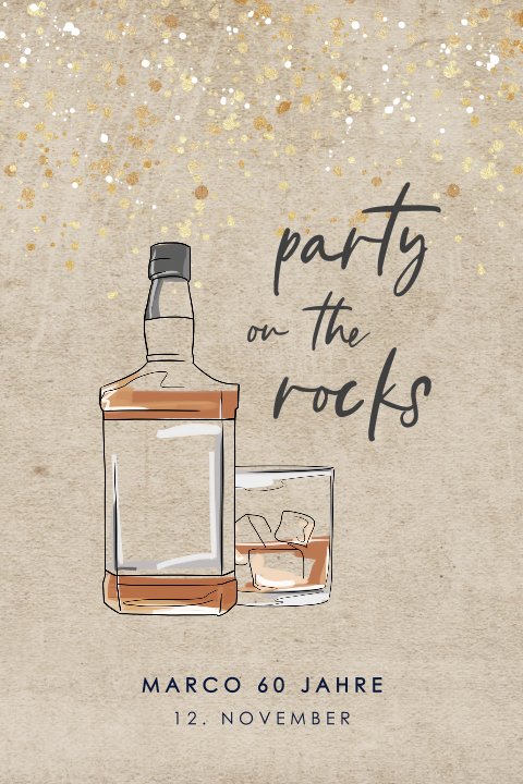Einladung zum 60. Geburtstag mit Konfetti und Whisky-Glas und Flasche