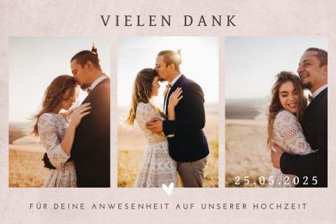 Klassische Dankeskarte mit drei Fotos und Herz