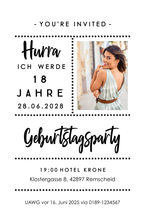 Originelle Geburtstageinladung zum 18 in Ticket-Look mit Foto