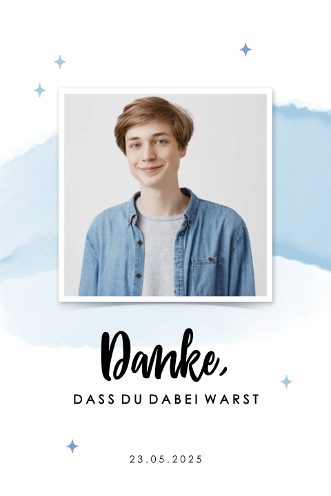 Dankeskarte zur Firmung mit blauwem Aquarell Hintergrund und Foto