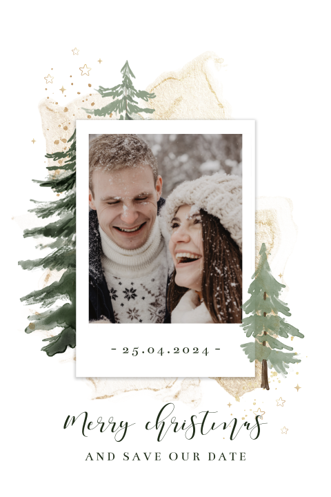 Save the Date Weihnachtskarte zur Hochzeit mit Tannen und Foto