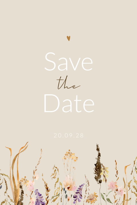 Save-the-Date Karte mit beigem Hintergrund und Wildblumen-Motiv
