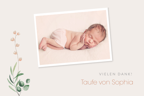 Süße Dankeskarte Taufe mit Foto, Zweig und Blümchen