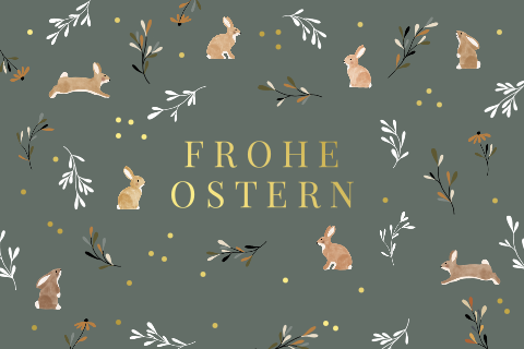 Osterkarte mit Goldfolie und Hintergrund aus Hasen und Zweigen