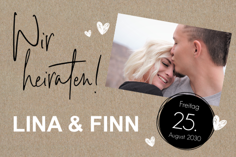 Kraftlook Hochzeitseinladung mit Fotos und Tagesplan