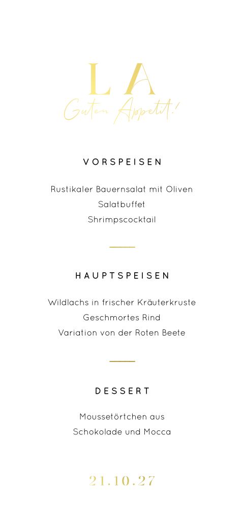 Menükarte in Bogenform mit Elementen in Goldfolie