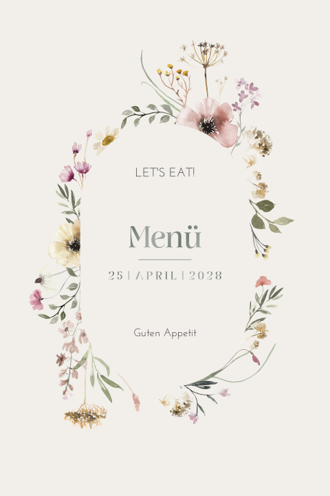 Klappmenükarte mit neutralem Hintergrund und eleganten Blumen