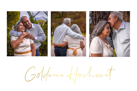 Moderne Einladung zur goldenen Hochzeit mit drei Fotos und Goldfolie