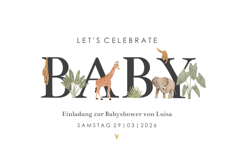 Einladungskarte zur Babyshower mit Pflanzen und Dschungeltieren