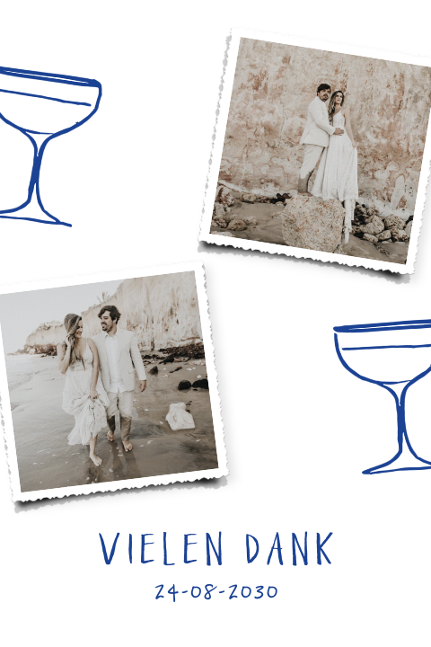 Dankeskarte zur Hochzeit mit Champagnergläsern und Fotos