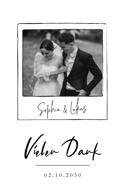 Moderne Danksagungskarte zur Hochzeit mit Polaroidfoto und Bold-Font