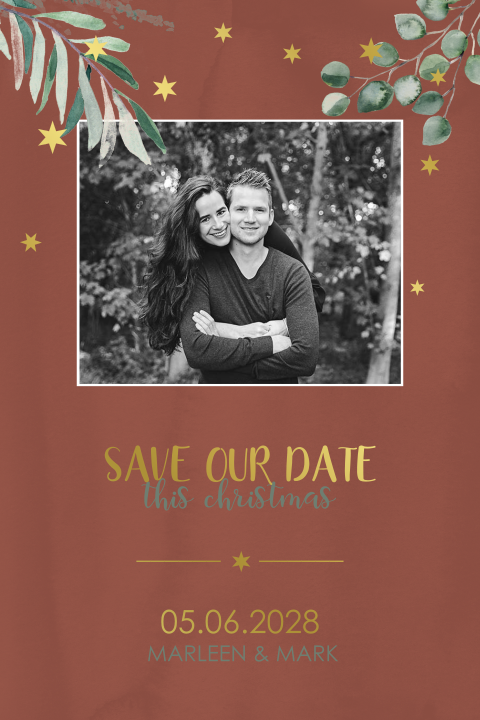 Save the Date-Weihnachtskarte in Braun mit Foto und schicker Goldfolie