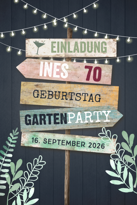 Einladung zum 70. Geburtstag mit Wegweiser und Lichterkette