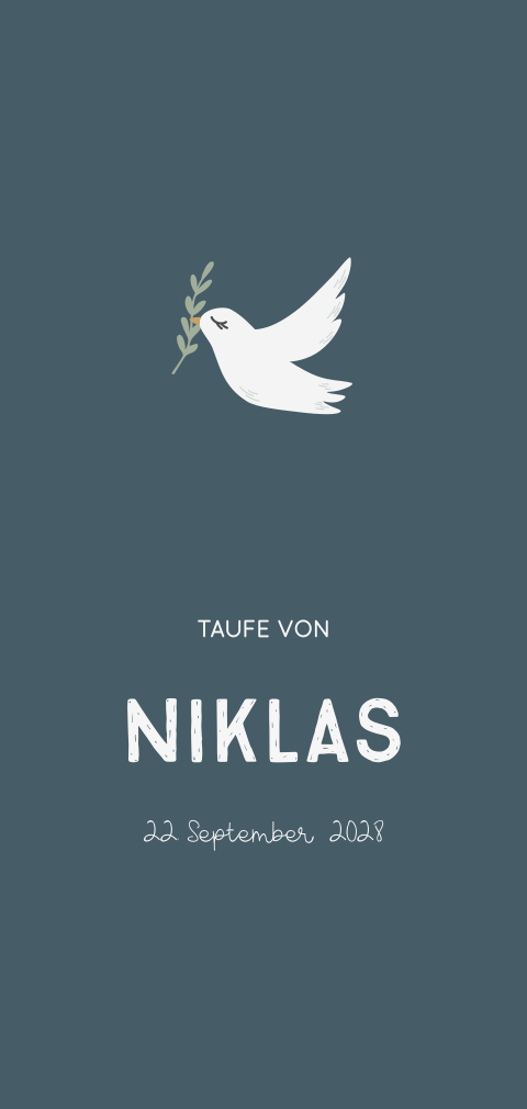 Dunkelblaue Einladungskarte mit einer Taube und Foto auf der Rückseite