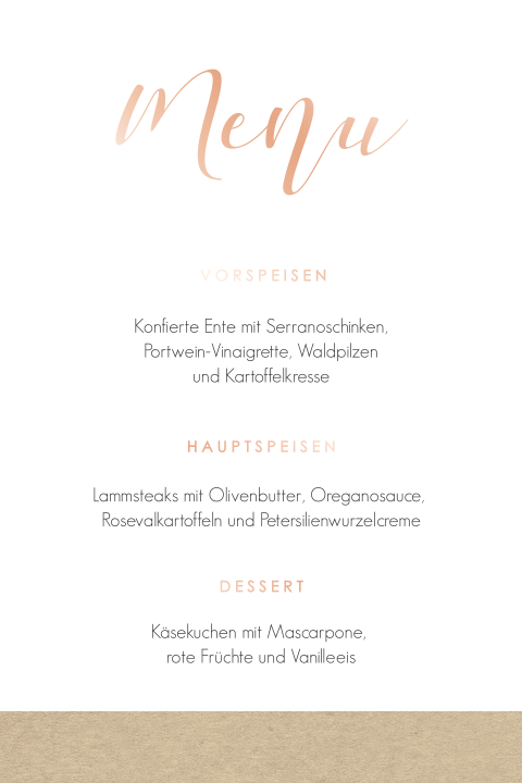 Menükarte mit Kraft-look und Roségoldfolie