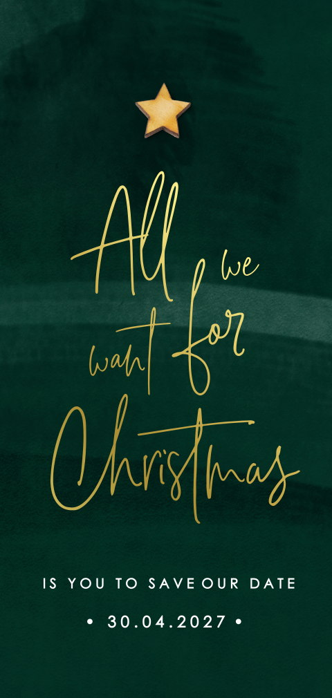 Grüne weihnachtliche Save the Date-Karte mit optionalem Holzelement