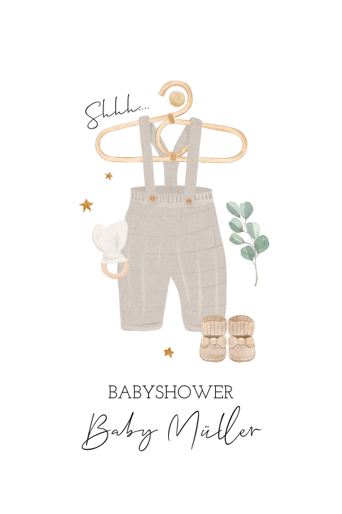 Neutrale Einladung zur Babyshower mit Latzhose und Sternen