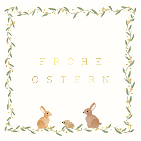 Originelle Osterkarte mit Goldfolie, Hasen und Blumenrahmen