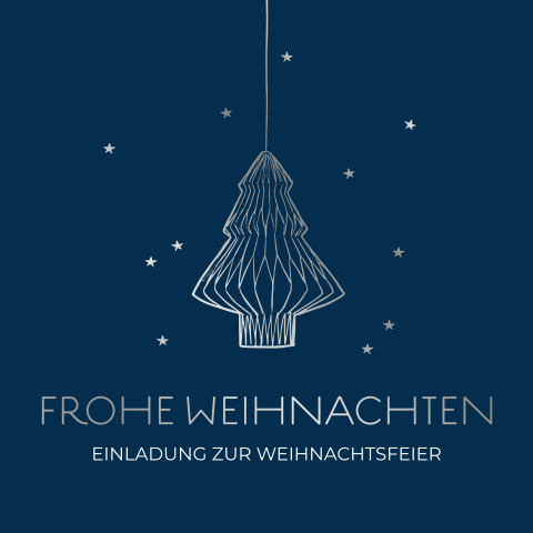 Blaue Einladung zur Weihnachtsfeier mit stilvoller Silberfolie
